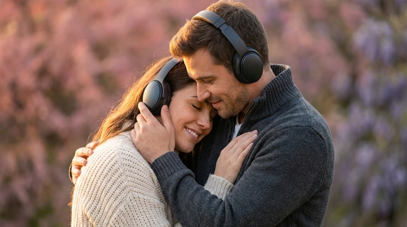 A couple sharing an emotional moment listening to their personalised LoveTune song