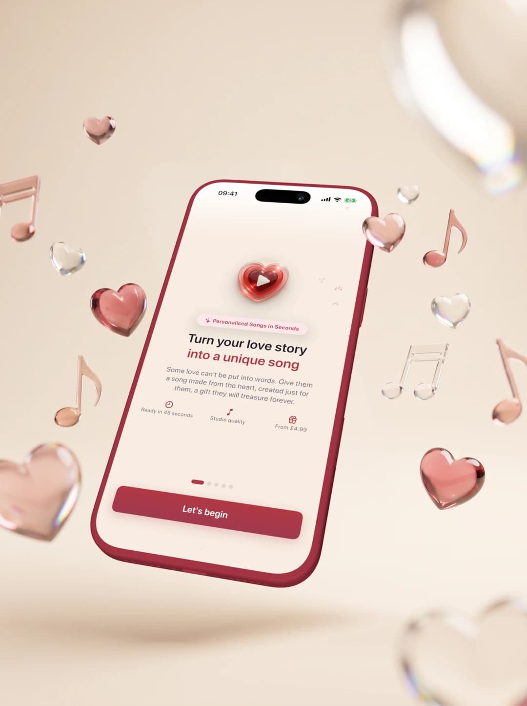 The LoveTune app onboarding screen: turn your love story into a unique song, surrounded by floating glass hearts and music notes