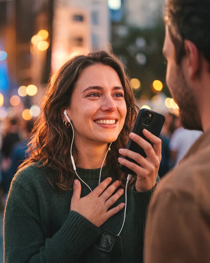 A woman moved to happy tears listening to her personalised LoveTune song on earbuds at a festival, her partner sharing the phone